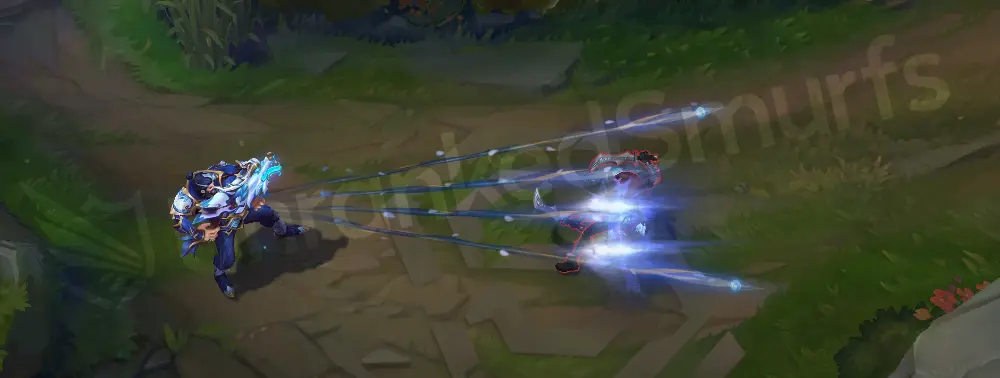 Porcelain Graves E - Quickdraw afterimage showing cyan sigils and crackled porcelain highlights