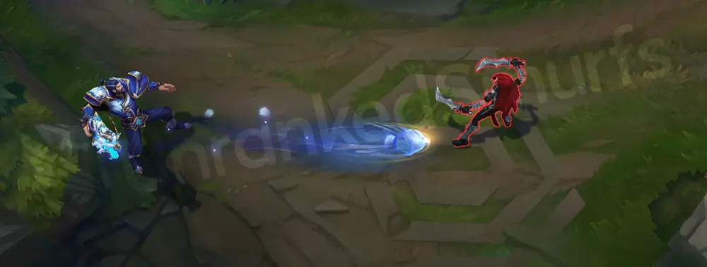 Porcelain Graves Q - End of the Line initial shot with cyan-white shard trail and porcelain sparkles