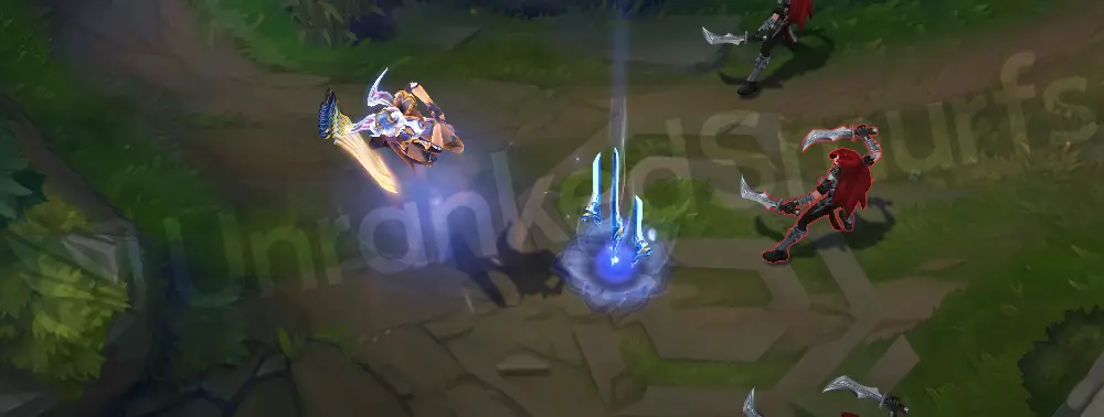 Porcelain Irelia E - First blade placement with pale cyan rune and porcelain glint