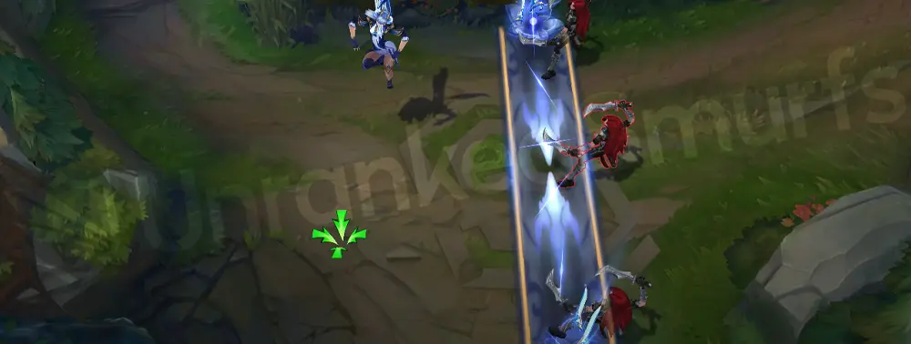 Porcelain Irelia E - Blades converge with cyan seal and delicate shatter sparkle on stun