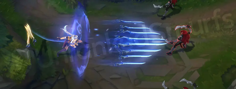Porcelain Irelia Q - Bladesurge dash with bright cyan streak and porcelain sparkle