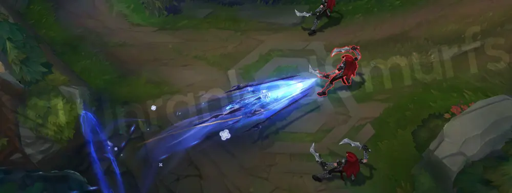 Porcelain Irelia Q - Close-up dash impact leaving a white-blue glassy flare