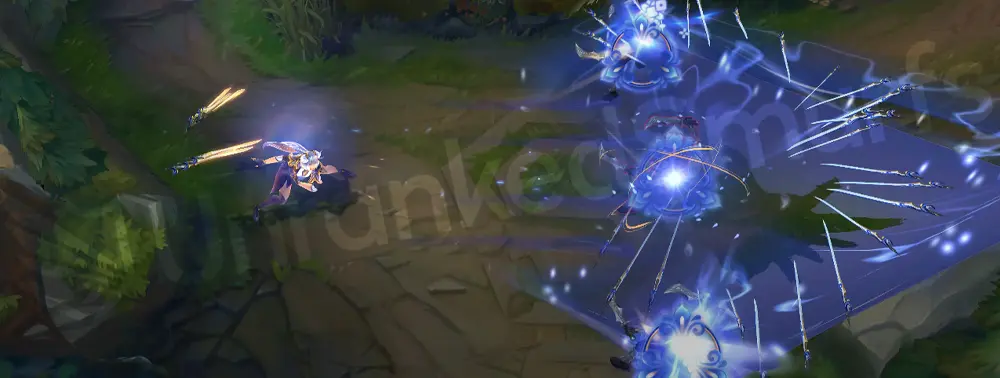 Porcelain Irelia Q - Follow-up dash with cyan trail and ceramic shard glint