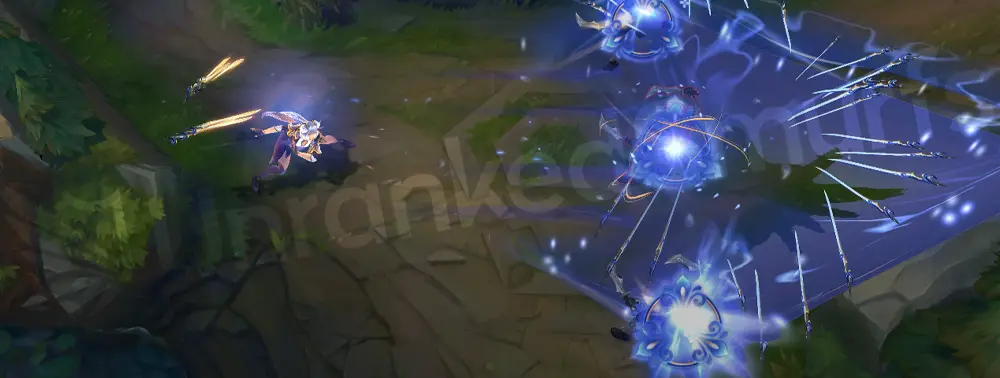 Porcelain Irelia R - Vanguard's Edge with a ring of cyan porcelain blades that form a barrier