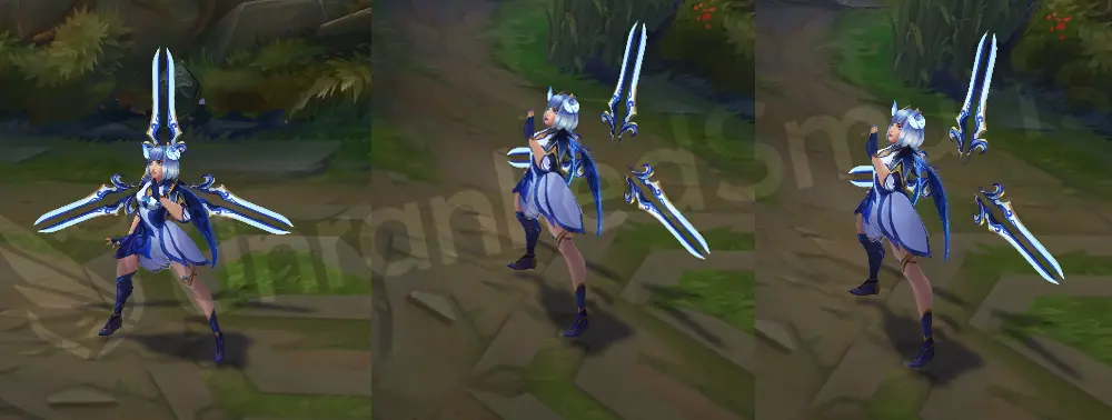 Porcelain Irelia in-game overview with white-and-blue porcelain armor and gilded floating blades, front and side angles