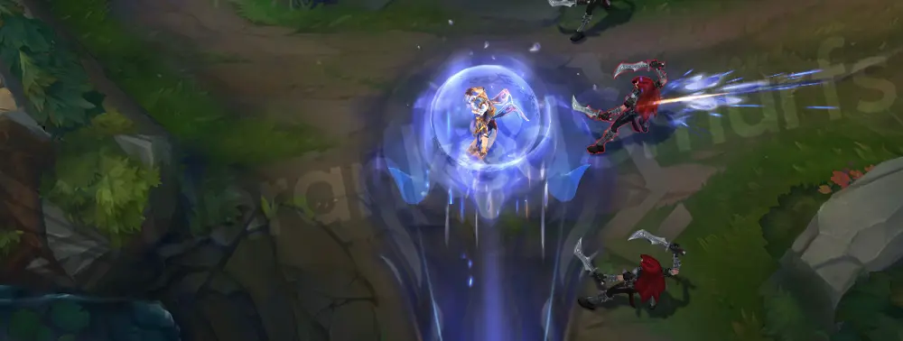 Porcelain Irelia W - Release slash with crisp white-blue arc and glassy highlight