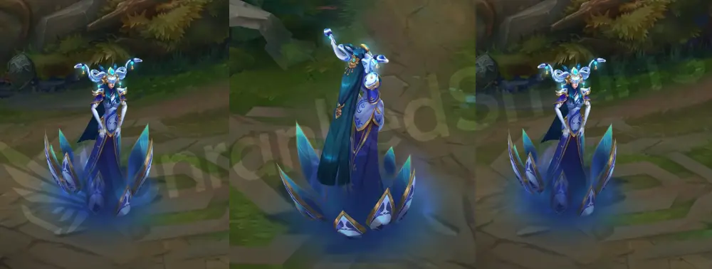 Porcelain Lissandra in-game overview, front and side view showing white-and-blue imperial dress with gold trim and porcelain claws