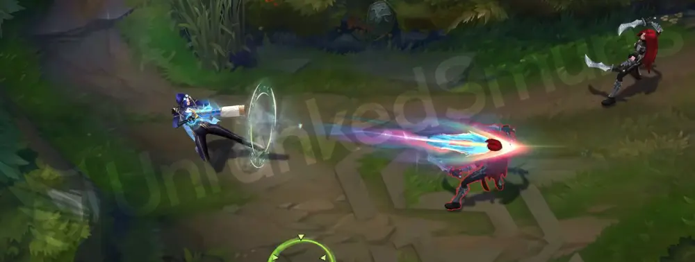 Prestige Arcane Commander Caitlyn basic attack with a crisp cyan-gold muzzle flash and light tracer