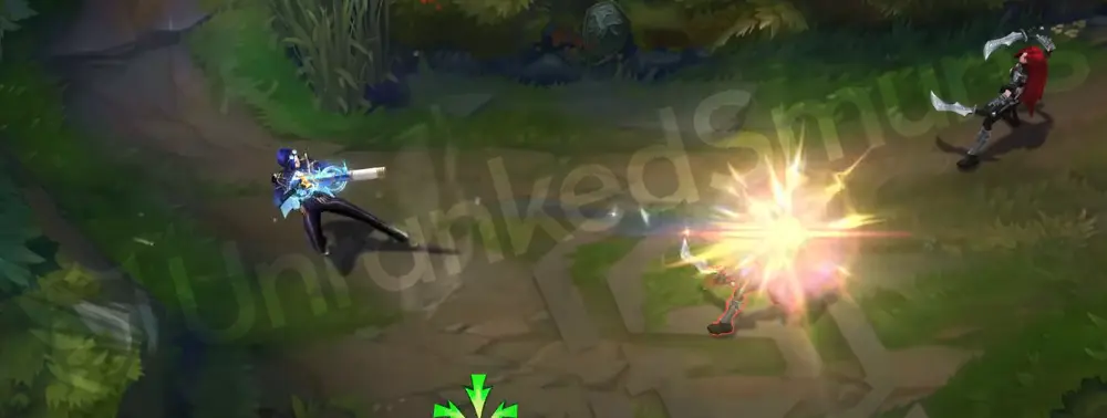 Prestige Arcane Commander Caitlyn basic attack second angle, showing yellow-to-cyan shot streak