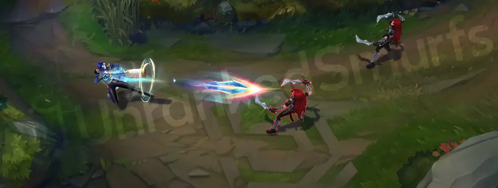 Prestige Arcane Commander Caitlyn passive - Headshot marker glowing in cyan-gold above the target