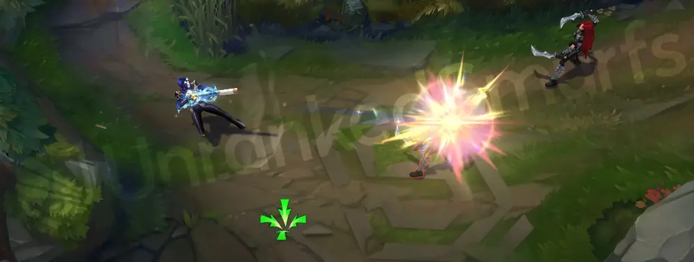 Prestige Arcane Commander Caitlyn passive - headshot shot impact with clean cyan spark