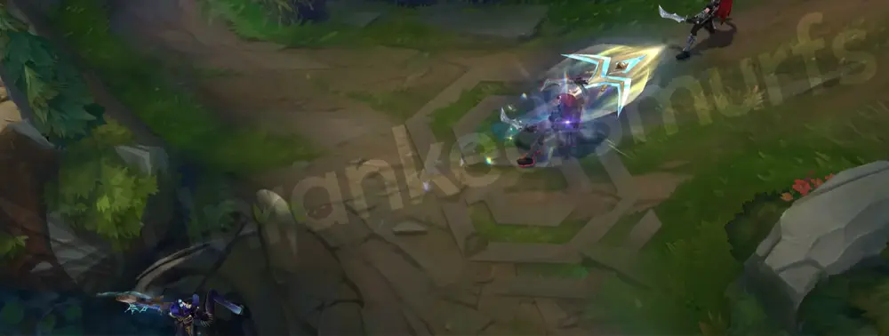 Prestige Arcane Commander Caitlyn Q - Piltover Peacemaker discharge with a straight yellow-cyan beam and minimal runes
