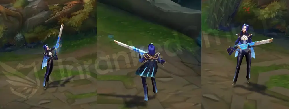 Prestige Arcane Commander Caitlyn in-game overview, front and side views with navy outfit, cyan cape, and a gold-blue hextech rifle featuring a diamond-like core
