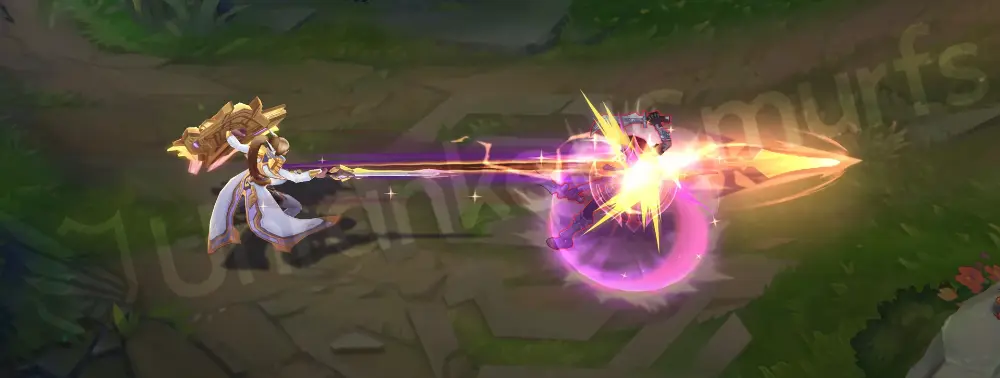 Prestige Battle Academia Leona E - Zenith Blade launching a luminous lance with star-trail streaks