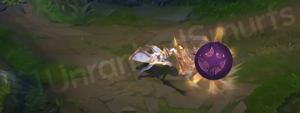 Prestige Battle Academia Leona Q - Shield of Daybreak with a bright golden flash and soft purple sparkles
