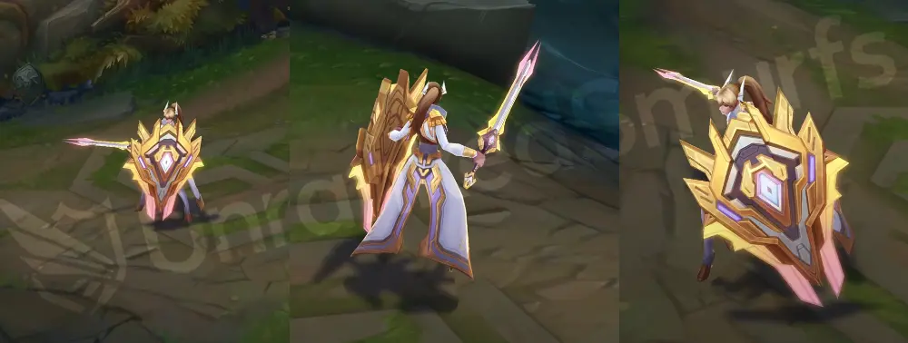 Prestige Battle Academia Leona in-game overview from the front and side, wearing a white-and-gold academy uniform with a violet tunic, radiant sword, and shield