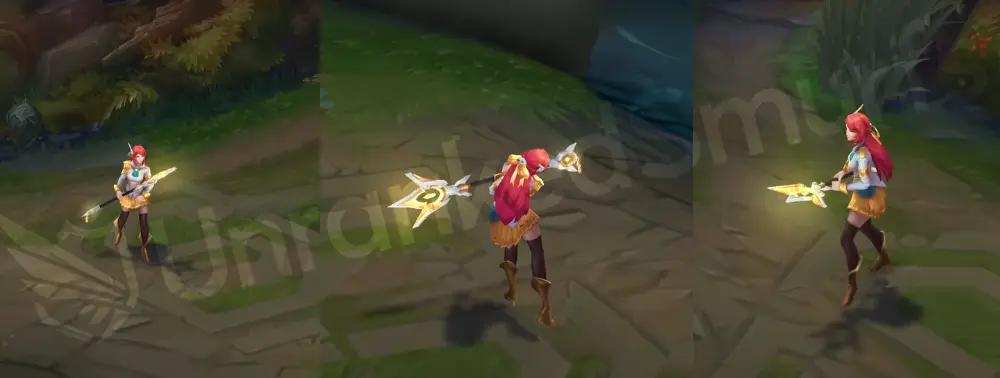 Prestige Battle Academia Lux in-game overview from the front and side, showing a white-and-gold uniform, teal ribbon, red hair, and an ornate golden staff