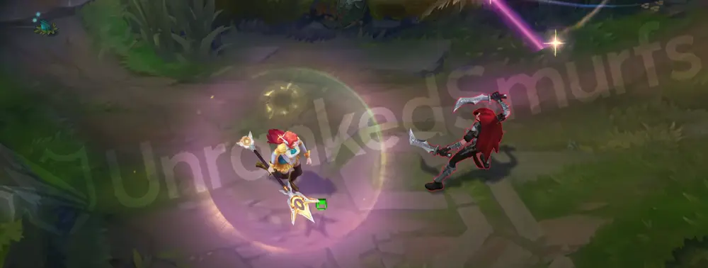 Prestige Battle Academia Lux W - Prismatic Barrier throws her staff, leaving a pink-and-gold shield trail with a faint sword motif