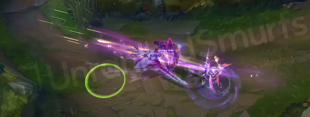 Prestige Battle Lion Leona E hit frame where the purple blade trail connects, leaving gold particles
