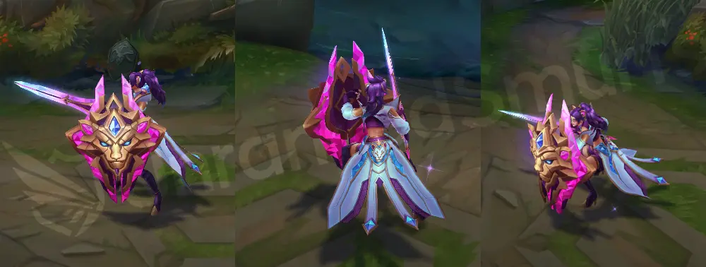 Prestige Battle Lion Leona in-game overview from the front and side, showing a white-and-gold Anima Squad suit, blonde hair, and a polished golden shield