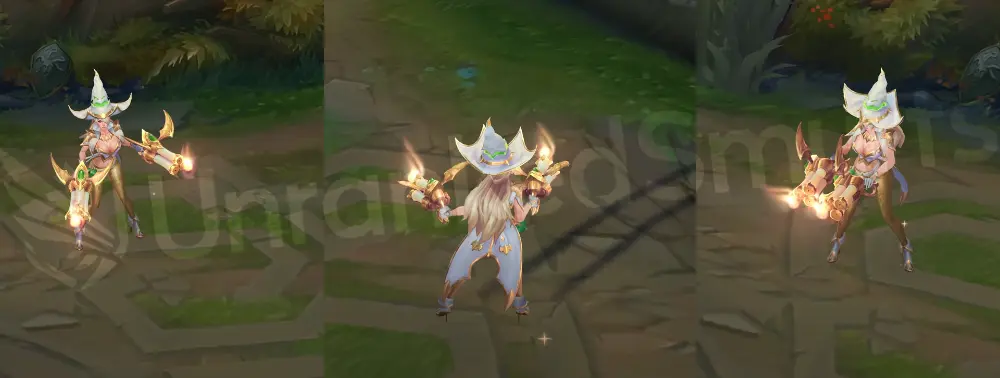 Prestige Bewitching Miss Fortune in-game overview, front and side view with gold-and-white witch attire, emerald gems, and ornate curved pistols