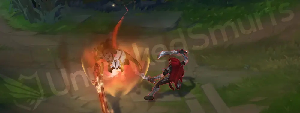 Prestige Blood Moon Aatrox E - Umbral Dash leaving a faint white streak and orange spark trail