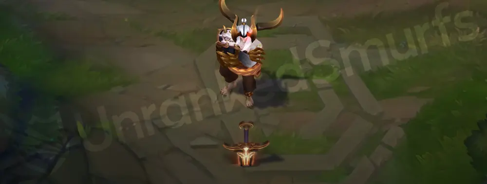 Prestige Blood Moon Aatrox emote/taunt with ceremonial blade flourish and golden sparks