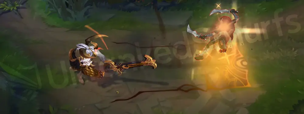 Prestige Blood Moon Aatrox Q - The Darkin Blade part 1, a clean white slash with dusty orange flare