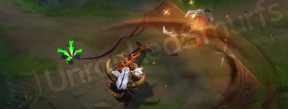 Prestige Blood Moon Aatrox Q - The Darkin Blade part 2, sweeping cut with pale embers and faint crescent motifs