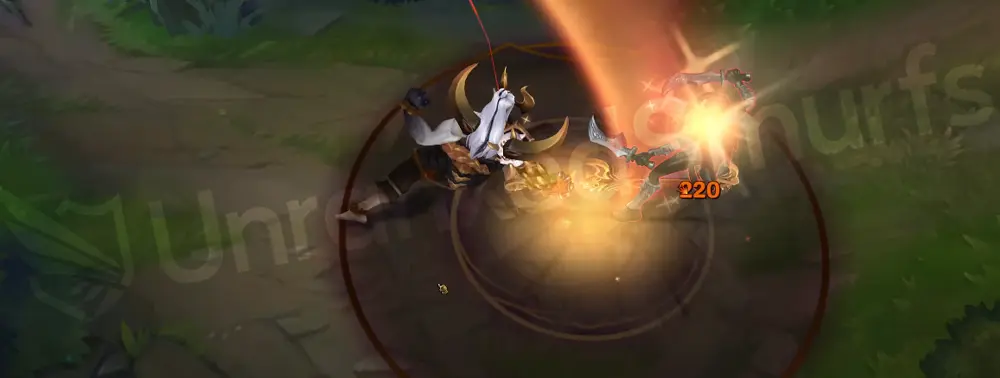 Prestige Blood Moon Aatrox Q - The Darkin Blade part 3, heavy slam with bright white impact ring and orange dust