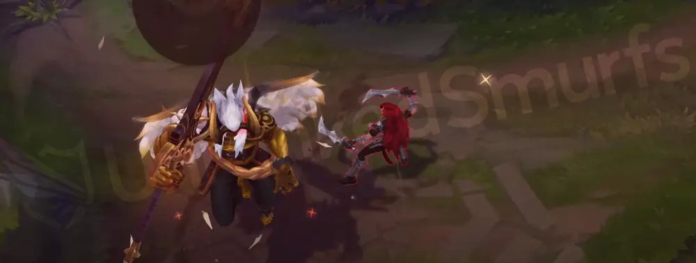 Prestige Blood Moon Aatrox R - World Ender transformation wrapped in white light and drifting orange embers