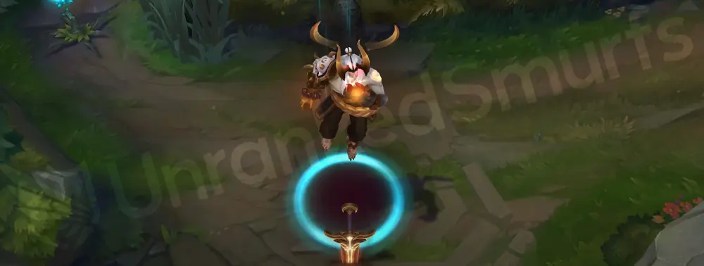 Prestige Blood Moon Aatrox custom recall with ritual circle and soft white-gold smoke