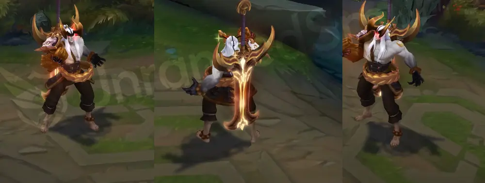 Prestige Blood Moon Aatrox in-game overview, front and side with white hair, horned crown, pale skin, bronze gauntlets, and ornate dark blade with gold trim
