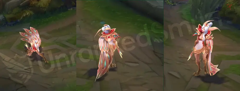Prestige Brave Phoenix Xayah in-game overview, front and side views showing white-and-gold armor with red and turquoise accents and a flame-feathered dagger