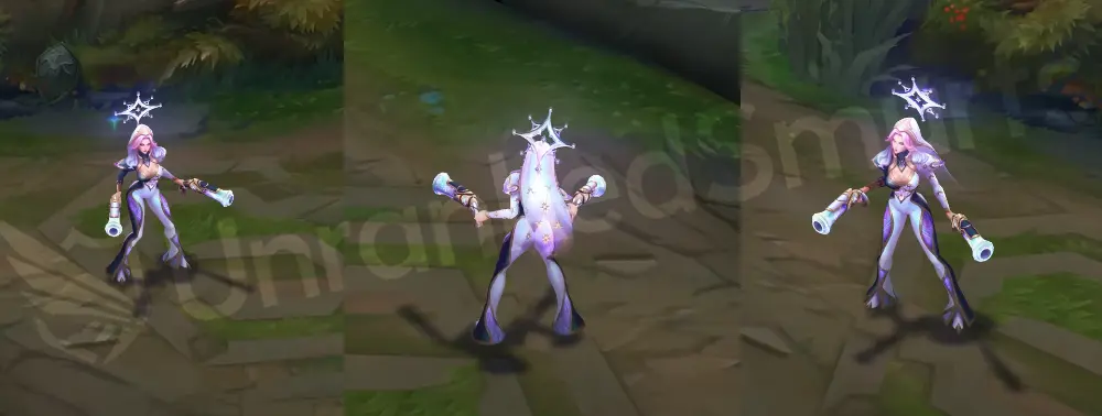 Prestige Broken Covenant Miss Fortune skin overview, front and side view with white and lavender suit, gold trim, halo crown, and glowing pistols