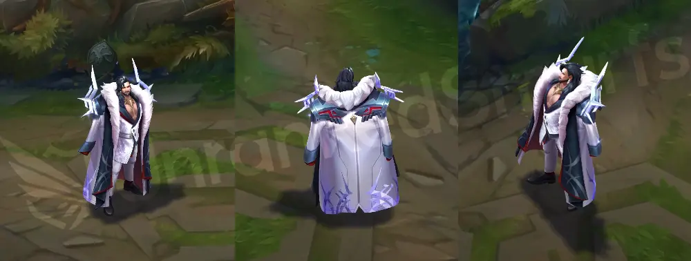 Prestige Chosen of the Wolf Swain in-game overview from the front and side, wearing a white suit under a black coat with white fur and a gold necklace