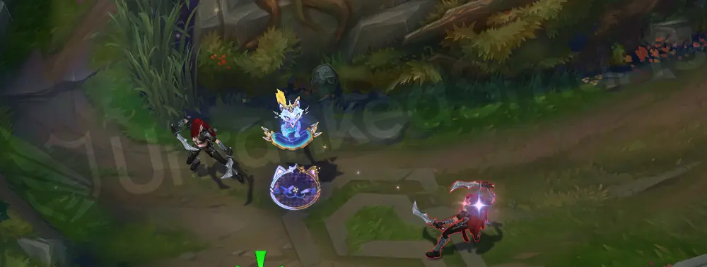 Prestige Cyber Cat Yuumi basic attack animation with a golden bowtie particle trail