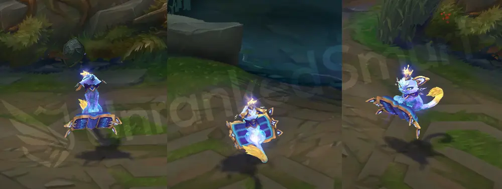 Prestige Cyber Cat Yuumi in-game overview, front and side view with blue-cyan fur, gold crown, and a blue-and-gold book with a ceramic sheen