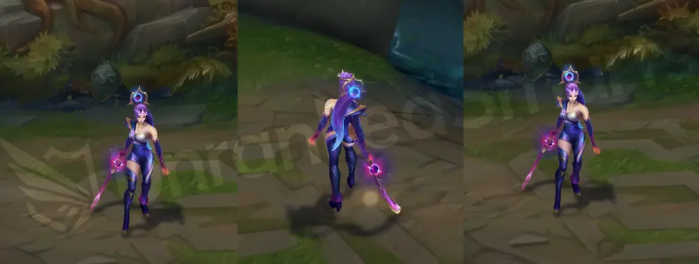 Prestige Dark Cosmic Diana in-game overview from front and side, showing deep purple suit with gold accents, crescent blade, crown, and black-hole halo