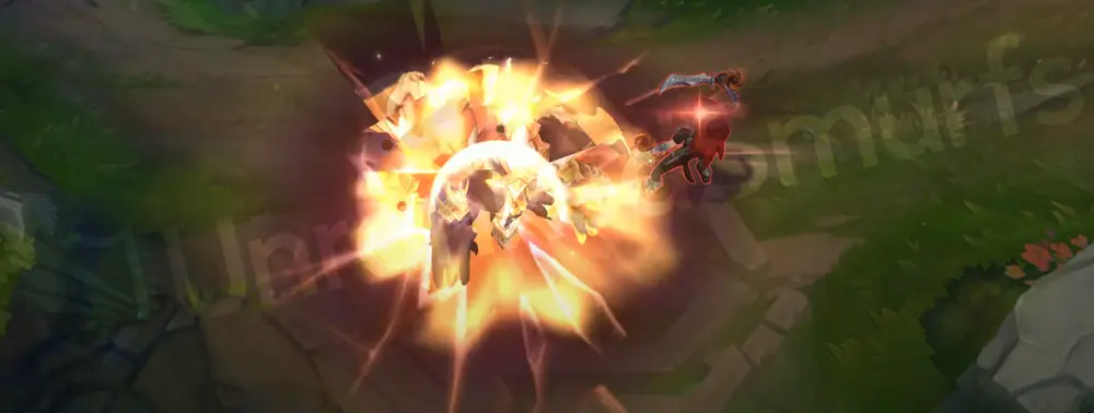 Prestige Dark Star Malphite R - Unstoppable Force crash leaves a radiant gold starburst with a void-edged ring