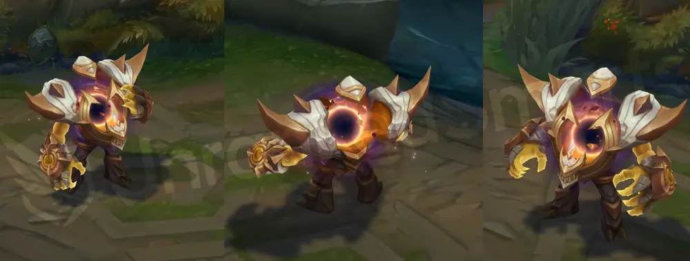 Prestige Dark Star Malphite in-game overview from front and side, showing ivory and gold crystal armor with bronze trim and a bright orange core