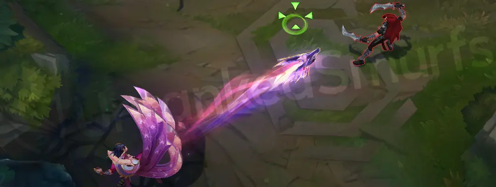 Prestige Dragonmancer Rakan Q - Purple and gold projectile leaving a gleaming trail