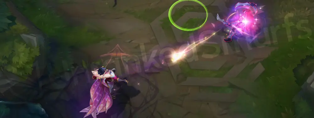 Prestige Dragonmancer Rakan Q - Mid-flight feather bolt with golden sparks and purple aura