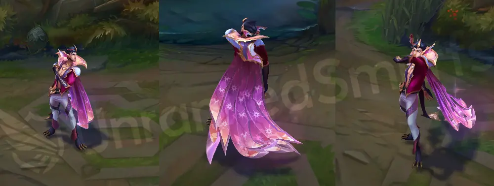Prestige Dragonmancer Rakan in-game overview with pink and purple dragon-scale outfit, black hair, and a starry crown-patterned cape