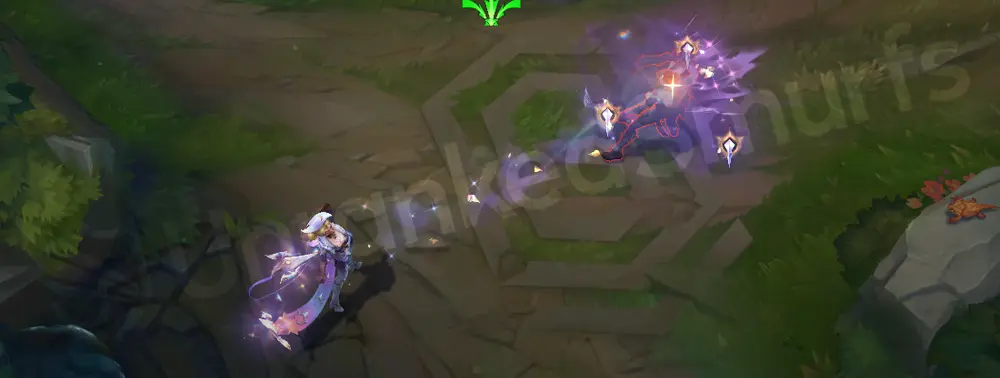 Prestige High Noon Evelynn Q sequence showing bright amethyst and gold spike trails