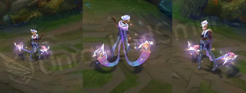 Prestige High Noon Evelynn in-game overview with blonde hair, white-and-gold hat, blue-cyan outfit, and crystalline lashers