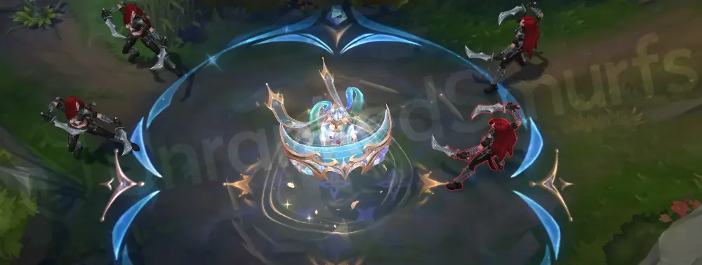 Prestige Immortal Journey Sona Q - Hymn of Valor impact with crystalline shards and soft gold flare
