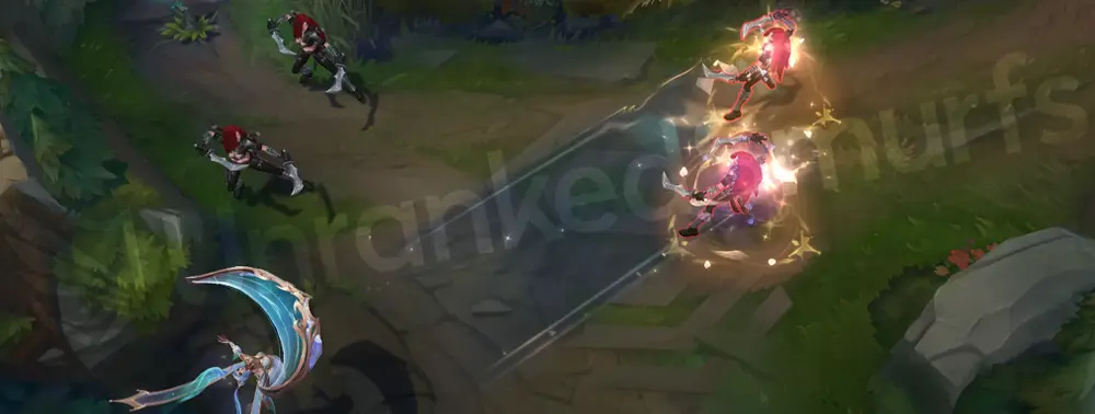 Prestige Immortal Journey Sona R - Crescendo alternate angle showing bright cyan-and-gold arc and refracting sparkles