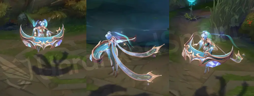 Prestige Immortal Journey Sona in-game overview, showing light cyan hair buns, short cyan dress with gold accents, long ribbons, and a crystalline etwahl