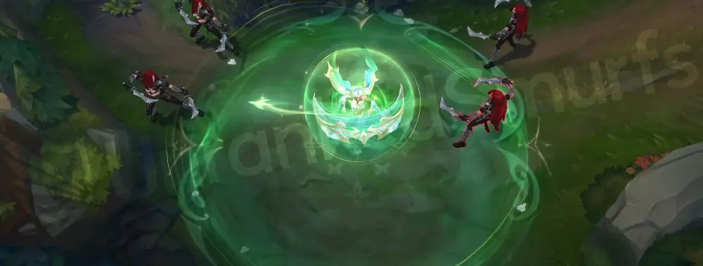 Prestige Immortal Journey Sona W - Aria of Perseverance shield bloom in cyan and gold with crystal petals